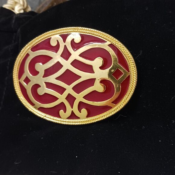 Vntg Celtic Brooch 3" RED Coat Pin Oval Metal Enamel Milgrain Accent Gold Estate - Picture 10 of 16